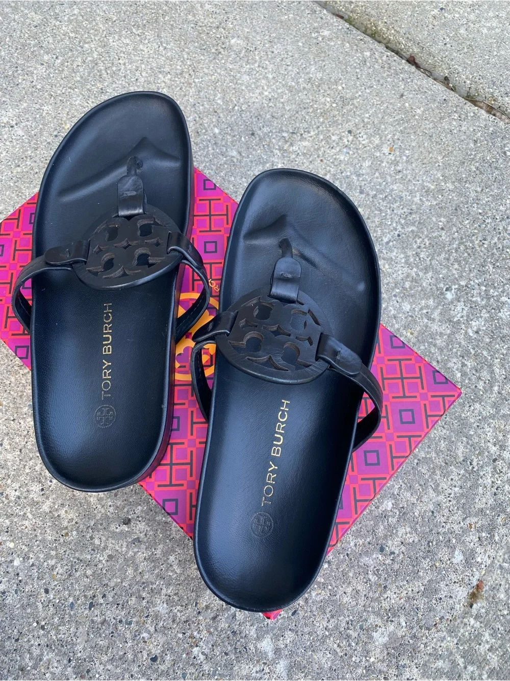 Tory Burch Black Miller Cutout Logo Toe-Post Sandals